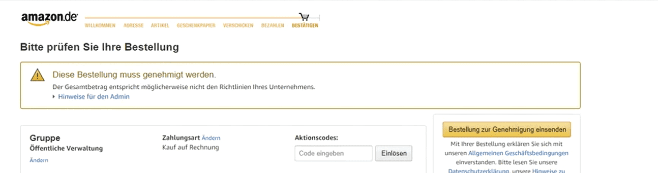A text notice in the Amazon Business user interface that tells the buyer that the order must be submitted for approval by a supervisor.