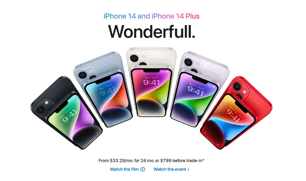 An example of a clean design. Apple fans out different colored I-Phones for a design.