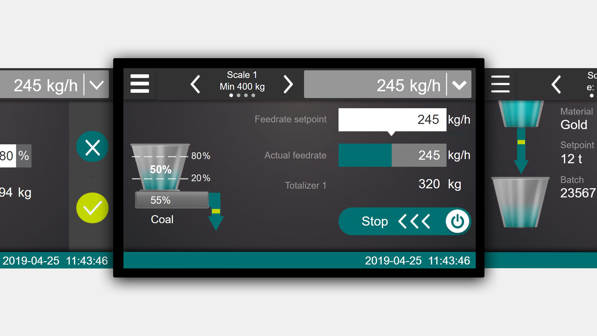 Zeigt das User Interface des CONiQ Wiegesystems. Ein Bildschirm zum Verwiegen in der industriellen Teigproduktion.