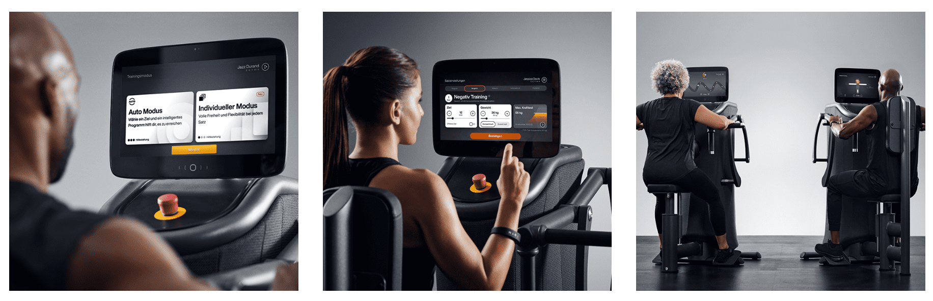 A screenshot of the E-Gym website. Various users are shown at the fitness equipment. On the left image, a man sets personal workout preferences on the device's display. In the middle image, a woman is choosing between different workout methods, and the third image shows two people exercising side by side with different settings on an identical piece of equipment.