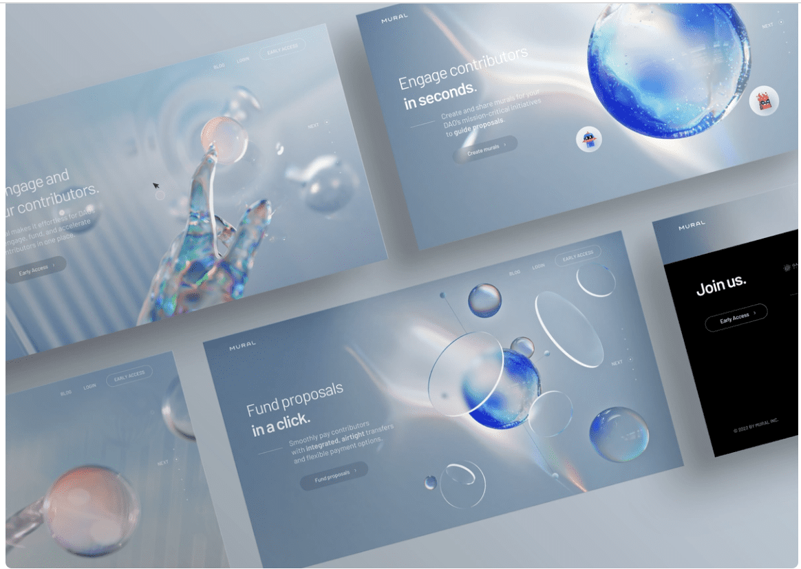 An overview of several pages. All pages use round elements that represent an imitation of a liquid.