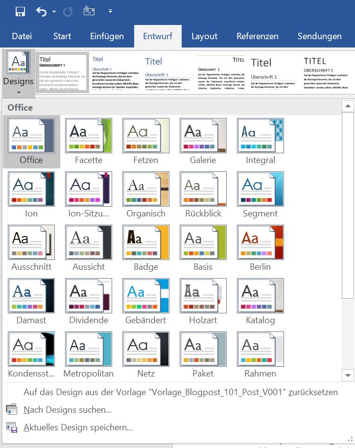 Es werden verschiedene Layout-Vorlagen von Microsoft Word gezeigt, aus denen Nutzer auswählen können.